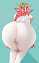 Rule 34 | 1girl, animal ears, ass, ass focus, back, bare shoulders, bent over, breasts, camisole, earrings, fox ears, genshin impact, hair ornament, highres, jewelry, large breasts, long hair, omone hokoma agm, pantyhose, pink hair, solo, thighs, very long hair, white camisole, white pantyhose, yae miko