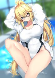 Rule 34 | 1girl, absurdres, antenna hair, black-framed eyewear, blonde hair, blue eyes, blurry, blurry background, blush, breasts, closed mouth, collarbone, competition swimsuit, covered navel, dated, day, depth of field, embarrassed, fate (series), glasses, hair between eyes, highres, hip focus, indoors, jacket, jeanne d&#039;arc (fate), jeanne d&#039;arc (ruler) (fate), jeanne d&#039;arc (swimsuit archer) (fate), jeanne d&#039;arc (swimsuit archer) (second ascension) (fate), knee up, large breasts, long hair, looking at viewer, nebusoku, one-piece swimsuit, open clothes, open jacket, ponytail, signature, sitting, solo, swimsuit, thighs, very long hair, white jacket, white one-piece swimsuit
