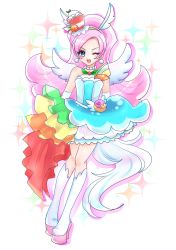 Rule 34 | 10s, 1girl, ;d, blue eyes, blue skirt, boots, chemaru (a8l), cure parfait, food-themed hair ornament, full body, green hairband, hair ornament, hairband, highres, horse girl, jewelry, kirahoshi ciel, kirakira precure a la mode, knee boots, long hair, looking at viewer, magical girl, necklace, one eye closed, open mouth, pink hair, precure, rainbow order, skirt, smile, solo, white footwear, white wings, wings