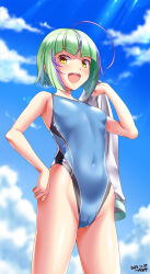 Rule 34 | 1girl, ahoge, black one-piece swimsuit, blue one-piece swimsuit, blue sky, blush, breasts, cameltoe, cloud, competition swimsuit, covered navel, cowboy shot, dated, day, green hair, hand on own hip, highleg, highleg swimsuit, highres, holding, kantai collection, looking at viewer, multicolored hair, one-piece swimsuit, open mouth, orange eyes, outdoors, purple hair, short hair, signature, sky, small breasts, solo, swimsuit, take (kancolle), teeth, tsuchimiya, upper teeth only