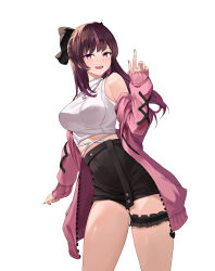 Rule 34 | 1girl, absurdres, bare shoulders, black shorts, bow, breasts, bridal garter, brown hair, celite, crop top, hair bow, hand up, high-waist shorts, highres, jacket, jewelry, jururu, long hair, long sleeves, looking at viewer, medium breasts, midriff, multicolored hair, necklace, off shoulder, open clothes, open jacket, open mouth, pink eyes, pink jacket, shirt, short shorts, shorts, simple background, sleeveless, sleeveless shirt, smile, solo, streaked hair, thighs, virtual youtuber, waktaverse, white background, white shirt