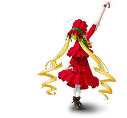 Rule 34 | 00s, blonde hair, bonnet, cane, doll, dress, drill hair, frills, from behind, hair ribbon, hat, ichikawa masahiro, long hair, outstretched arm, outstretched hand, pantyhose, reaching, ribbon, rozen maiden, shinku, solo, tiptoes, twintails, very long hair, white pantyhose