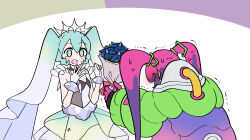 Rule 34 | 2girls, :o, belt, blue eyes, blue flower, blue hair, blue skirt, blush, border, bouquet, bracelet, coat, commentary request, creatures (company), dress, dual persona, facing away, facing down, flower, frilled skirt, frills, game freak, giving, gloves, gradient coat, gradient hair, gradient skirt, green sleeves, hand to own mouth, hatsune miku, highres, holding, holding bouquet, jewelry, long sleeves, looking at another, multicolored border, multicolored hair, multiple girls, nao (70 pocky), nintendo, open mouth, pink gloves, pink hair, poison miku (project voltage), pokemon, project voltage, puffy long sleeves, puffy sleeves, purple coat, purple hair, raised eyebrows, rock miku (project voltage), simple background, skirt, strapless, strapless dress, surprised, sweat, tiara, trembling, two-handed, vocaloid, white background, white gloves, white hair, yellow skirt, yuri