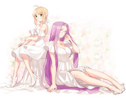 Rule 34 | 2girls, ahoge, artoria pendragon (all), artoria pendragon (fate), bad id, bad tumblr id, bare shoulders, blonde hair, blush, braid, breasts, choker, cleavage, collarbone, detached sleeves, dress, fate/stay night, fate (series), glasses, green eyes, hair ribbon, hand in own hair, hand on floor, high heels, holding, holding own arm, kaenis, large breasts, long hair, looking at viewer, medusa (fate), medusa (rider) (fate), multiple girls, parted bangs, purple eyes, purple hair, ribbon, saber (fate), sidelocks, sitting, skirt, small breasts, smile, square pupils, very long hair, white background, white dress