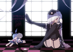 Rule 34 | 1girl, black thighhighs, blue hair, boots, caricature, checkered floor, cyrillic, doll, floor, garter straps, hallway, hat, highres, hugging own legs, knees to chest, legs, original, panties, pink panties, red eyes, russian text, thigh boots, thighhighs, torisan, translated, underwear, window
