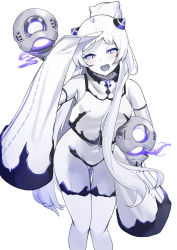 Rule 34 | 1girl, abyssal ship, blush, breasts, colored skin, crop top, detached sleeves, enemy aircraft (kancolle), fangs, glowing, gluteal fold, hair bun, holding, horns, kantai collection, long hair, looking at viewer, open mouth, osananajimi neko, pale skin, purple eyes, simple background, single hair bun, super heavy bomber airfield princess, thigh strap, white background, white hair, white skin, wide sleeves
