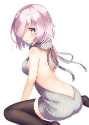 Rule 34 | 1girl, ass, backless dress, backless outfit, bare arms, bare back, black thighhighs, blush, butt crack, commentary request, dress, emilion, fate/grand order, fate (series), flying sweatdrops, from behind, hair over one eye, halterneck, highres, looking at viewer, looking back, mash kyrielight, meme attire, naked sweater, no shoes, pink hair, purple eyes, ribbed sweater, short hair, simple background, sitting, solo, striped, sweater, sweater dress, thighhighs, turtleneck, turtleneck sweater, virgin killer sweater, wariza, white background