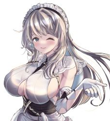 Rule 34 | 1girl, azuma (sospower73), azur lane, between breasts, black dress, black necktie, breasts, charybdis (azur lane), cleavage, clothing cutout, dress, gloves, grey eyes, grey hair, highres, large breasts, long hair, looking at viewer, maid, necktie, necktie between breasts, one eye closed, simple background, sleeveless, sleeveless dress, solo, two-tone dress, underboob cutout, upper body, white background, white dress, white gloves