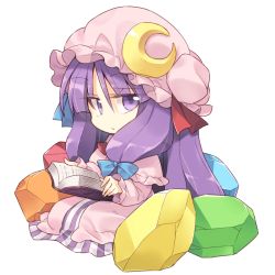 Rule 34 | 1girl, :/, book, chibi, crescent, crescent pin, crystal, dress, hair ribbon, hat, holding, holding book, long hair, looking at viewer, mob cap, patchouli knowledge, purple dress, purple eyes, purple hair, reading, ribbon, satou kibi, sidelocks, simple background, sitting, solo, striped clothes, striped dress, touhou, tress ribbon, vertical stripes, very long hair, white background
