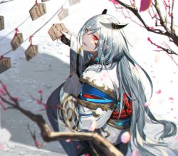 Rule 34 | 1boy, branch, ema, from behind, hair between eyes, horns, japanese clothes, long hair, looking at viewer, looking back, male focus, nijisanji, official art, outdoors, parted lips, pointy ears, red eyes, red rope, rope, sleeves past wrists, solo, squatting, umiyasha no kami, very long hair, virtual youtuber, white hair, wide sleeves, ysk (yusuke)