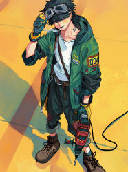 Rule 34 | 1boy, absurdres, belt, black eyes, black gloves, black hair, black pants, cigarette, collarbone, day, drill, earrings, full body, gloves, goggles, goggles on head, green jacket, highres, hood, hood down, hooded jacket, jacket, jewelry, male focus, mouth hold, neck tattoo, open clothes, open jacket, original, pants, power drill, power tool, shadow, shirt, smoking, standing, tattoo, white shirt, yellow background, yomii ba chu