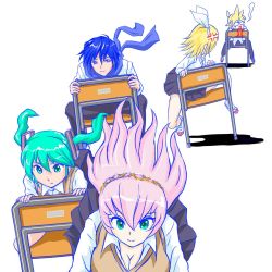 Rule 34 | 2boys, 3girls, anger vein, aqua hair, blank eyes, blonde hair, blood, blue eyes, blue hair, blue outline, blue scarf, bow, brown vest, chair, commentary, gapinelu, giving up the ghost, grey skirt, hair bow, hatsune miku, kagamine len, kagamine rin, kaito (vocaloid), leaning forward, long hair, looking at another, looking back, megurine luka, miniskirt, multiple boys, multiple girls, nosebleed, outline, pink hair, pleated skirt, racing, scarf, shadow, shirt, shoes, short hair, sitting, sitting backwards, skirt, spiked hair, tears, uwabaki, vest, vocaloid, white background, white bow, white shirt