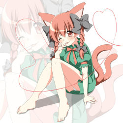Rule 34 | 1girl, animal ears, bad feet, bad id, bad pixiv id, bow, braid, cat ears, cat girl, cat tail, extra ears, female focus, hair bow, heart, heart of string, jpeg artifacts, kaenbyou rin, multiple tails, one eye closed, oniku (shimofuri-ke), panties, red eyes, red hair, smile, solo, string, string of fate, tail, tongue, touhou, underwear, white panties, wink, zoom layer