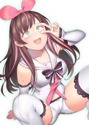 Rule 34 | 1girl, @ @, arm support, arm warmers, bare shoulders, blush, bow, breasts, brown hair, collarbone, commentary request, fiodo, green eyes, hair bow, hairband, highres, kizuna ai, kizuna ai inc., lace, lace-trimmed legwear, lace-trimmed sleeves, lace trim, long hair, looking up, medium breasts, multicolored hair, navel, open mouth, pink bow, pink hair, pink hairband, sailor collar, shorts, simple background, sitting, sleeveless, solo, spread legs, streaked hair, sweat, tears, thighhighs, thighs, two-tone hair, v, v over eye, vest, virtual youtuber, white shorts, white thighhighs, white vest