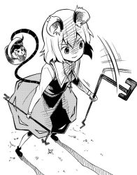 Rule 34 | 1girl, :&lt;, :3, animal ears, basket, dowsing rod, foreshortening, from above, greyscale, kannazuki hato, monochrome, mouse (animal), mouse ears, mouse tail, nazrin, shaded face, simple background, solo, tail, touhou
