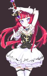 Rule 34 | 1girl, black background, blunt bangs, dress, elbow gloves, gloves, holding, holding wand, hojo sophy, long hair, mokeo, pretty series, pripara, purple eyes, red hair, simple background, smile, solo, thighhighs, wand, white gloves, white thighhighs