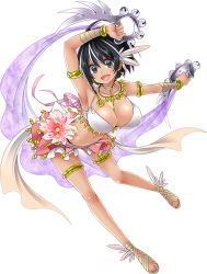 Rule 34 | 1girl, arm up, bare shoulders, bikini, bikini top only, black eyes, breasts, cleavage, earrings, feathers, feet, flower, full body, halterneck, holding, jewelry, large breasts, legs, looking at viewer, lots of jewelry, marnie (sennen sensou aigis), multicolored hair, navel, necklace, open mouth, sandals, sennen sensou aigis, short hair, skirt, solo, swimsuit, thighs, toes, transparent background, two-tone hair, white background