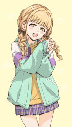Rule 34 | + +, 1girl, blonde hair, blush, braid, fujita kotone, gakuen idolmaster, hamao, highres, idolmaster, jacket, long hair, looking at viewer, open clothes, open jacket, open mouth, own hands together, simple background, skirt, smile, solo, thigh gap, twin braids, yellow eyes