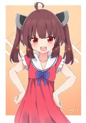 Rule 34 | 1girl, ahoge, alternate costume, border, brown hair, cowboy shot, dress, hands on own hips, highres, light blush, looking at viewer, medium hair, open mouth, outside border, red dress, red eyes, sailor collar, sechin, short sleeves, sidelocks, signature, solo, sparkle, standing, straight-on, touhoku kiritan, twintails, v-shaped eyebrows, voiceroid, white border, white sailor collar