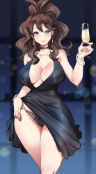 Rule 34 | 1girl, alcohol, ass, bare legs, bare shoulders, baseball cap, black dress, black panties, blue eyes, breasts, brown hair, cleavage, clothes lift, creatures (company), curly hair, curvy, dress, dress lift, drink, earrings, formal, game freak, hand on own hip, hat, high ponytail, highres, hilda (pokemon), holding, holding drink, jewelry, kenron toqueen, large breasts, lifting own clothes, lingerie, lips, long hair, nintendo, no bra, panties, pokemon, pokemon bw, shiny skin, side-tie panties, sidelocks, solo, standing, thong, underwear, very long hair