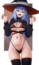 Rule 34 | 1girl, absurdres, bare hips, bikini, bikini top only, black thighhighs, blue hair, breasts, breasts apart, claw pose, cowboy shot, gluteal fold, green eyes, hair between eyes, halloween, halloween costume, hat, highleg, highleg panties, highres, jack-o&#039;-lantern print, long hair, long sleeves, looking at viewer, medium breasts, multicolored nails, nail polish, narrow waist, navel, open mouth, original, outside border, panties, saki (the atko), simple background, smile, solo, straight-on, swimsuit, the atko, thighhighs, underwear, wide hips, witch hat