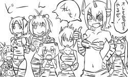 Rule 34 | 10s, 6+girls, ahoge, alternate costume, blunt bangs, comic, crossed arms, double bun, elbow gloves, gloves, greyscale, hair bun, hair ornament, hair ribbon, headband, horns, i-19 (kancolle), kantai collection, long hair, monochrome, multiple girls, nagara (kancolle), naka (kancolle), navel, o o, one eye closed, ponytail, ribbon, sailor collar, shiranui (kancolle), short hair, single horn, tenryuu (kancolle), thumbs up, tonda, translation request, v, yukikaze (kancolle), yuudachi (kancolle)