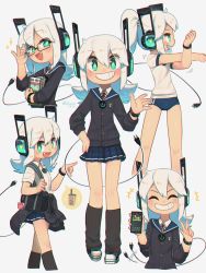 Rule 34 | +++, 1girl, :d, ^ ^, absurdres, aqua eyes, artist name, bag, bare legs, black-framed eyewear, blazer, blue buruma, blue skirt, bug, buruma, cable, cellphone, closed eyes, clothes around waist, commentary, digitan (porforever), electric plug, english commentary, eyes visible through hair, facing viewer, fang, flat chest, flipped hair, glasses, grey background, grin, gym uniform, hair between eyes, hand on own hip, headphones, heart, highres, jacket, jacket around waist, long hair, looking at viewer, multiple views, open mouth, original, outline, phone, pleated skirt, pointing, porforever, power symbol, rectangular eyewear, school uniform, short sleeves, shoulder bag, simple background, skirt, smartphone, smile, star-shaped pupils, star (symbol), stretching, symbol-shaped pupils, tail, tail wagging, w, watch, waving, white outline, white skirt, wristwatch