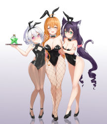 Rule 34 | 3girls, :d, :t, ^ ^, absurdres, ahoge, animal ear fluff, animal ears, antenna hair, bare arms, bare shoulders, black footwear, black hairband, black leotard, black neckwear, blush, bow, bowtie, braid, breasts, brown legwear, cat ears, cat girl, cat tail, cleavage, closed eyes, closed mouth, collar, collarbone, commentary request, crossed arms, detached collar, fake animal ears, fishnet legwear, fishnets, gluteal fold, gradient background, groin, hair bow, hairband, high heels, highres, holding, holding tray, karyl (princess connect!), kokkoro (princess connect!), large breasts, leotard, long hair, low twintails, medium breasts, mo ying yu, multicolored hair, multiple girls, open mouth, orange hair, pantyhose, pecorine (princess connect!), pink bow, pink hair, playboy bunny, pointy ears, pout, princess connect!, purple background, purple hair, rabbit ears, ringlets, shoes, small breasts, smile, standing, star (symbol), strapless, strapless leotard, streaked hair, tail, thigh gap, tray, twintails, very long hair, white background, white collar, white hair, wing collar