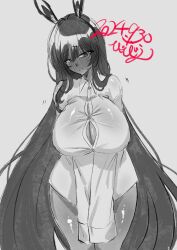 1girl alternate_costume bibie307 breasts cleavage collared_shirt dark-skinned_female dark_skin dated goddess_of_victory:_nikke greyscale highres large_breasts long_hair monochrome naked_shirt noir_(nikke) shirt simple_background solo white_background white_shirt