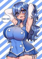 Rule 34 | 1girl, armpits, arms behind head, arms up, bad id, bad twitter id, blue eyes, blue hair, blush, breasts, covered navel, cowboy shot, curvy, elbow gloves, english text, gloves, hair between eyes, hair ornament, heart, heart-shaped pupils, huge breasts, internet explorer, long hair, looking at viewer, microskirt, open mouth, original, osiimi, personification, product girl, skirt, sleeveless, smile, solo, speech bubble, striped, striped background, symbol-shaped pupils, thick thighs, thighs