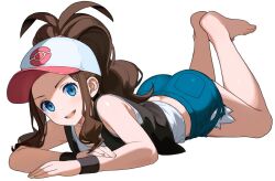Rule 34 | 1girl, barefoot, blue eyes, brown hair, creatures (company), game freak, hilda (pokemon), itolife, nintendo, pokemon, pokemon bw, ponytail, simple background, solo, white background