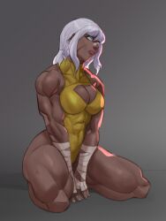 Rule 34 | 1girl, abs, bandaged arm, bandages, blue eyes, cleavage cutout, clothing cutout, dark skin, dlusionalx, facial scar, hair down, heterochromia, highres, kneeling, leotard, looking to the side, muscular, muscular female, original, pink lips, scar, scar on cheek, scar on face, solo, thick thighs, thighs, white hair, yellow eyes