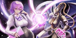 Rule 34 | 2girls, adjusting eyewear, angel wings, armor, asymmetrical armor, asymmetrical mask, black armor, black dress, black pantyhose, blonde hair, boobplate, bow, bowtie, braid, breastplate, breasts, claws, collarbone, collared shirt, commentary, computer, covered eyes, covered navel, cowboy shot, demon wings, digimon, digimon (creature), digimon story: cyber sleuth, dress, energy ball, glasses, hair between eyes, hand up, helmet, helmet over eyes, highres, holding, holding laptop, laptop, large breasts, long hair, long sleeves, looking at viewer, mastemon, medium hair, mikagura mirei, mismatched wings, multiple girls, pantyhose, parted lips, puffy long sleeves, puffy sleeves, purple-framed eyewear, purple bow, purple bowtie, purple eyes, purple hair, purple nails, shirt, sidelocks, smile, soma (whitenight1), standing, white armor, white shirt, white wings, winged helmet, wings