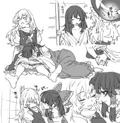 Rule 34 | 2girls, blush, bow, braid, closed eyes, closed mouth, commentary request, detached sleeves, frilled bow, frilled hair tubes, frills, greyscale, hair bow, hair tubes, hakurei reimu, highres, kirisame marisa, lap pillow, long hair, mero (starfish jcs), monochrome, multiple girls, no headwear, open mouth, ribbon-trimmed sleeves, ribbon trim, short sleeves, side braid, single braid, sitting, sleeping, sleepwear, smile, touhou, translation request, yuri