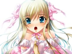 Rule 34 | 1girl, aikawa arisa, blonde hair, blue eyes, blush, crying, crying with eyes open, dress, elbow gloves, game cg, gloves, holding hands, kamen no goumonshi, long hair, male hand, miel falke, pov, ribbon, simple background, solo focus, source request, tears