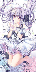 Rule 34 | 1girl, bare shoulders, barefoot, bracelet, braid, bubble, coral, dress, fish, hair ribbon, highres, jewelry, kino (kino konomi), necklace, original, pendant, puffy short sleeves, puffy sleeves, purple eyes, purple hair, ribbon, sash, seashell, shell, short sleeves, solo, tiara, twintails, underwater, white dress