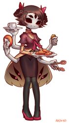 Rule 34 | 1girl, artist name, black eyes, black skirt, bow, braid, braided bun, colored skin, cup, cupcake, double bun, doughnut, extra arms, extra eyes, fangs, food, full body, grey skin, hair bow, hair bun, highres, holding, holding food, holding plate, looking at viewer, no pupils, noho, pantyhose, pencil skirt, plate, red bow, red footwear, short hair, short sleeves, skirt, solo, standing, teacup, tongs, undertale
