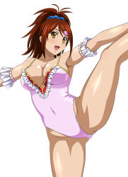 Rule 34 | 00s, 1girl, bachou mouki, bare shoulders, breasts, brown eyes, brown hair, cleavage, covered navel, cowboy shot, hair ornament, ikkitousen, large breasts, legs, legs up, leotard, looking at viewer, open mouth, ponytail, shiny skin, simple background, smile, solo, spread legs, standing, swept bangs, white background