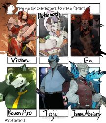 Rule 34 | 6+boys, behemoth (housamo), belt, black shirt, blouse, blue eyes, blue fire, book, bug, butterfly, closed mouth, collared shirt, commentary request, dorohedoro, ear piercing, eating, en (dorohedoro), facial hair, facial scar, fangs, fangs out, fate/grand order, fate (series), fiery horns, fire, forked eyebrows, formal, furry, furry male, gakuran, gloves, green eyes, grey hair, helmet, holding, holding book, hood, hoodie, horns, insect, james moriarty (archer) (fate), katana, live a hero, long sleeves, looking at viewer, male focus, mask, multiple boys, multiple drawing challenge, multiple swords, muscular, muscular male, mustache, necktie, no eyebrows, open mouth, piercing, red hair, rouon aro, sakimori toji, scar, scar on cheek, scar on face, school uniform, sharp teeth, shirt, short hair, six fanarts challenge, smile, snack, spiked hair, suit, sweatdrop, sword, teeth, thick eyebrows, tokyo houkago summoners, upper body, utau, vest, victom (live a hero), wadanosuke (waadaa hmlh), weapon, white shirt, yellow necktie