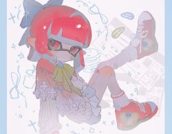 Rule 34 | 1girl, ankle socks, bandaid, bandaid on face, blue border, blue bow, blunt bangs, border, bow, bowtie, brooch, chinese commentary, closed mouth, clothes pin, collared shirt, dot nose, gradient clothes, green bow, green bowtie, hair bow, highres, inkling, inkling girl, inkling player character, izumi 087, jewelry, leg up, long sleeves, medium hair, miniskirt, nintendo, pink eyes, pink hair, pink sweater, pleated skirt, pointy ears, red footwear, safety pin, shirt, shoes, single tear, sitting, skirt, sneakers, socks, solo, splatoon (series), star brooch, sweater, tentacle hair, two-tone sweater, white shirt, white skirt, white socks, white sweater