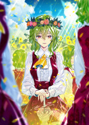 Rule 34 | 5girls, :d, ascot, blue sky, breasts, center frills, cloud, commentary request, cowboy shot, day, field, flower, flower field, frilled shirt collar, frills, green hair, hair between eyes, head wreath, highres, kazami yuuka, leaf, light rays, long sleeves, looking at viewer, medium breasts, multiple girls, multiple persona, nail polish, open mouth, orange flower, orange rose, outdoors, petals, pink flower, pink nails, pink rose, plaid, plaid skirt, plaid vest, planted, planted umbrella, red eyes, red skirt, red vest, rose, short hair, sidelocks, skirt, skirt set, sky, smile, standing, sunflower, sunflower field, touhou, umbrella, vest, yellow ascot, zounose