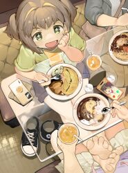 Rule 34 | 3girls, absurdres, bag, bare legs, barefoot, blue shorts, brown bag, brown hair, brown skirt, cellphone, character request, cross-shaped pupils, cup, drink, drinking straw, fang, feet, food, green eyes, green jacket, highres, holding, holding spoon, jacket, medium skirt, menthako, multiple girls, oka asahi, onii-chan wa oshimai!, open mouth, oyama mihari, phone, plate, shirt, shoes, unworn shoes, short hair, short shorts, short sleeves, shorts, shoulder bag, skirt, smartphone, soles, spoon, symbol-shaped pupils, toes, two side up, yellow shirt