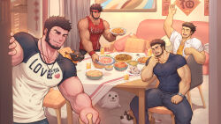 Rule 34 | 4boys, bara, beard, birthday, birthday party, blush, cake, character request, check character, clothes writing, dungeon and fighter, facial hair, food, highres, kulolin, long sideburns, looking at viewer, male focus, male priest (dungeon and fighter), male priest (kulolin), mature male, multiple boys, muscular, muscular male, open clothes, open shirt, original, pov, revision, saint (dungeon and fighter), seal (animal), shirt, short hair, sideburns, tank top, textless version, tight clothes, tight shirt, under table, waving