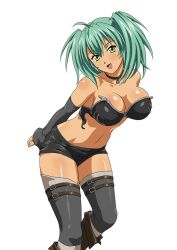 Rule 34 | 1girl, blush, breasts, curvy, dark-skinned female, dark skin, female focus, green hair, ikkitousen, large breasts, long hair, looking at viewer, ryofu housen, shorts, smile, solo, standing, strapless, tagme, twintails