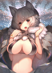 Rule 34 | 1girl, :o, absurdres, animal ears, bad id, bad pixiv id, blush, bracelet, breasts, brown eyes, fang, fur collar, hands up, highres, inubashiri momiji, jewelry, kumanoi azuki, large breasts, looking at viewer, shade, short hair, silver hair, smile, solo, swimsuit, tareme, teeth, thick eyebrows, touhou, upper body