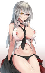 Rule 34 | 1girl, bad id, bad pixiv id, bare shoulders, between breasts, black choker, black necktie, black panties, breasts, choker, closed mouth, collarbone, expressionless, griffin &amp; kryuger military uniform, hair between eyes, large breasts, long hair, looking at viewer, navel, necktie, necktie between breasts, nipple slip, nipples, nlitz, no bra, open clothes, open shirt, original, panties, shirt, silver hair, simple background, skindentation, sleeveless, sleeveless shirt, solo, stomach, straight hair, thighs, underwear, undressing, very long hair, white background, white shirt, yellow eyes