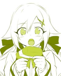 Rule 34 | 1girl, :o, blush, box, candy, chocolate, chocolate heart, commentary request, food, green theme, hair ornament, hair ribbon, hairclip, heart, heart-shaped box, long hair, looking at viewer, monochrome, open mouth, ore twintail ni narimasu, ribbon, school uniform, shindou erina, shirt, simple background, sketch, solo, twintails, valentine, white background, yuto (dialique)