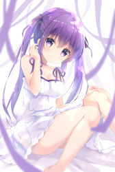 Rule 34 | 1girl, amedamacon, bare arms, bare shoulders, barefoot, blurry, blurry foreground, blush, breasts, cleavage, closed mouth, commentary request, depth of field, dress, fingernails, gochuumon wa usagi desu ka?, hair between eyes, hair ribbon, hand on own knee, hand up, head tilt, highres, knees together feet apart, long hair, medium breasts, panties, purple eyes, purple hair, purple ribbon, ribbon, sitting, sleeveless, sleeveless dress, smile, solo, tedeza rize, twintails, underwear, very long hair, white dress, white panties