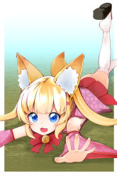 Rule 34 | 1girl, :3, :d, animal ear fluff, animal ears, bare shoulders, bell, black footwear, blue eyes, bow, commentary request, detached sleeves, fangs, fox ears, fox girl, fox tail, hair ornament, hairclip, highres, jingle bell, kemomimi oukoku kokuei housou, legs up, long hair, long sleeves, looking at viewer, lying, mikoko (kemomimi oukoku kokuei housou), on stomach, open mouth, outstretched arms, pleated skirt, red bow, red skirt, sandals, sidelocks, skirt, smile, solo, tail, takara akihito, thighhighs, twintails, virtual youtuber, white thighhighs, wide sleeves, zouri
