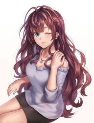 Rule 34 | 1girl, ;), antenna hair, artist name, black skirt, blue eyes, blush, breasts, cleavage, closed mouth, collarbone, eyelashes, hand on own shoulder, highres, ichinose shiki, idolmaster, idolmaster cinderella girls, invisible chair, jewelry, lips, long hair, long sleeves, looking at viewer, medium breasts, necklace, nhaliz, off-shoulder shirt, off shoulder, one eye closed, pencil skirt, pendant, purple shirt, red hair, shirt, signature, simple background, sitting, skirt, sleeves pushed up, smile, solo, thighs, wavy hair, white background
